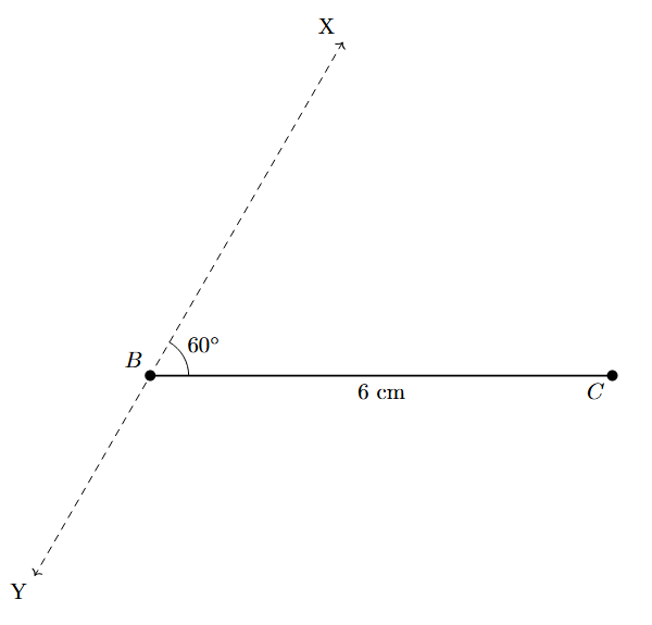 Step 2 Step 2: A ray BX is drawn at B, making a 60-degree angle with BC.